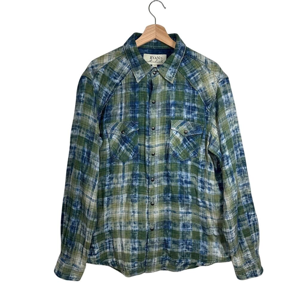 Ryan Michael Western Plaid Snap-Front Shirt Star Snaps Flannel Blue Green Sz L